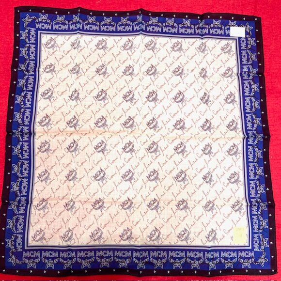 New MCM men/ women Handkerchief/ mini scarf cotton 19.5" Blue beige Log Print(99 - Picture 5 of 8